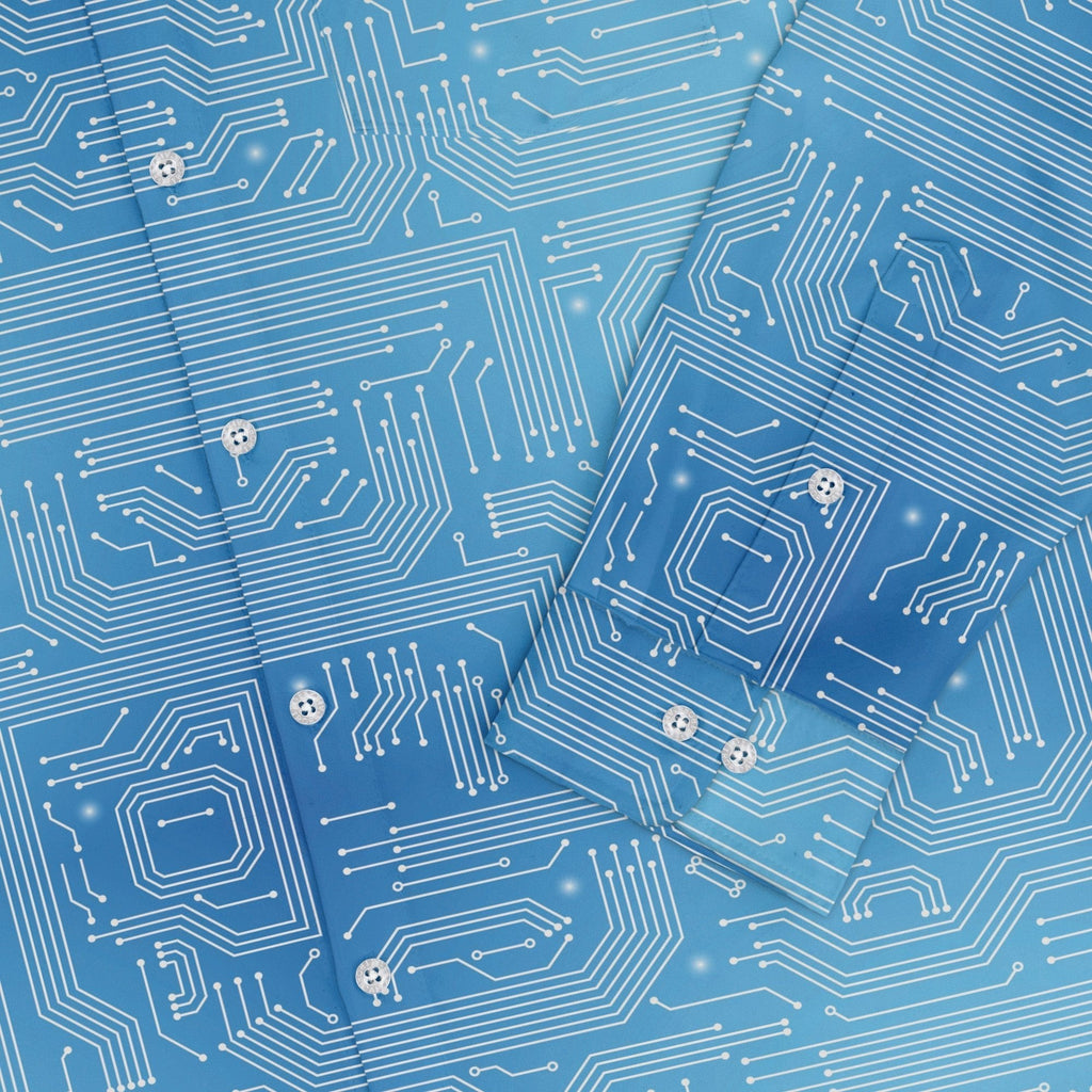 Blue Computer Circuit Board Long Sleeve Button Up Shirt Geek Nerd adult sizing computer print FLOW DESC WRITING