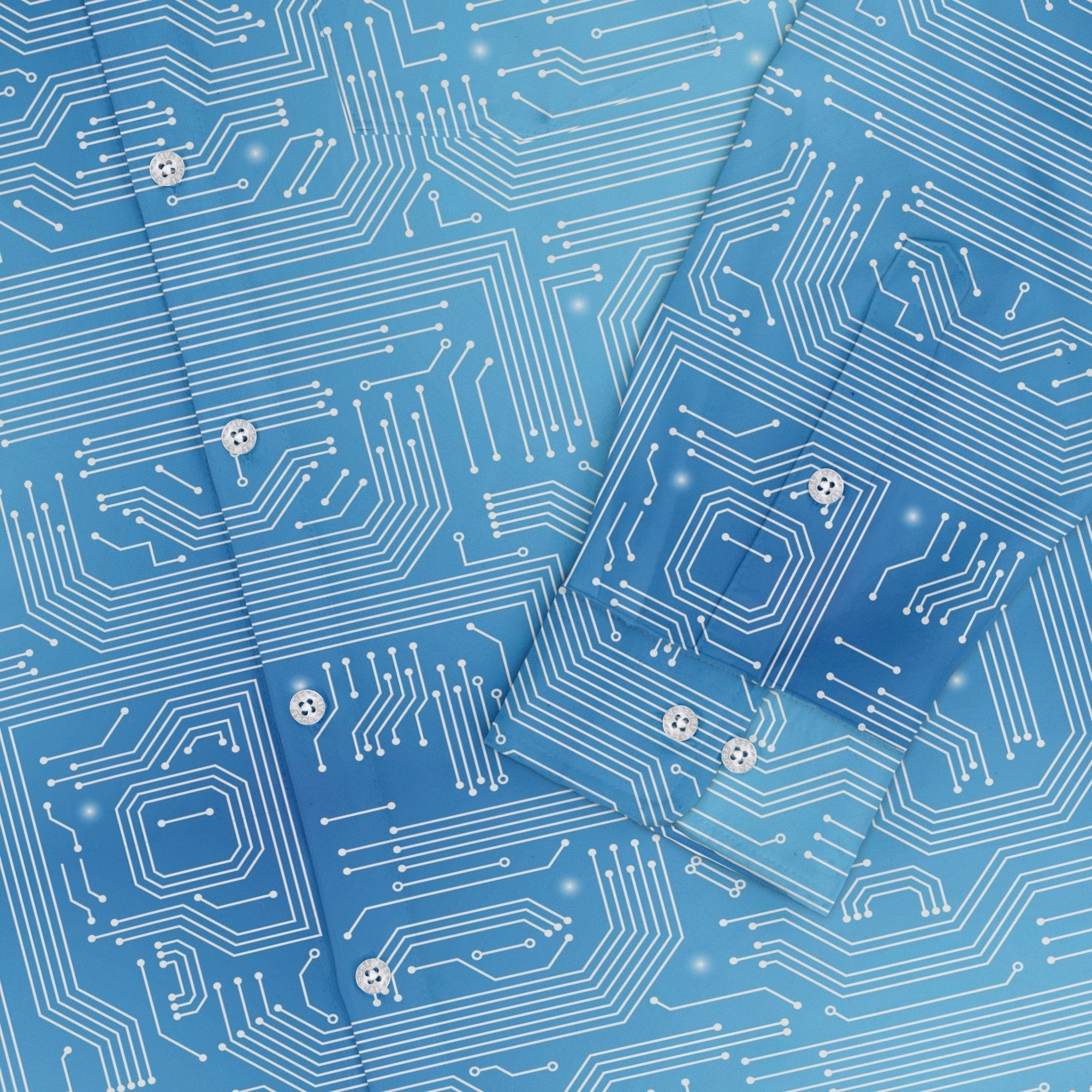 Blue Computer Circuit Board Long Sleeve Button Up Shirt Geek Nerd adult sizing computer print FLOW DESC WRITING