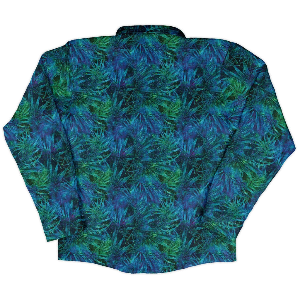 Blue Green Hawaiian Space Long Sleeve Button Up Shirt Geek Nerd adult sizing FLOW DESC WRITING outer space & astronaut print