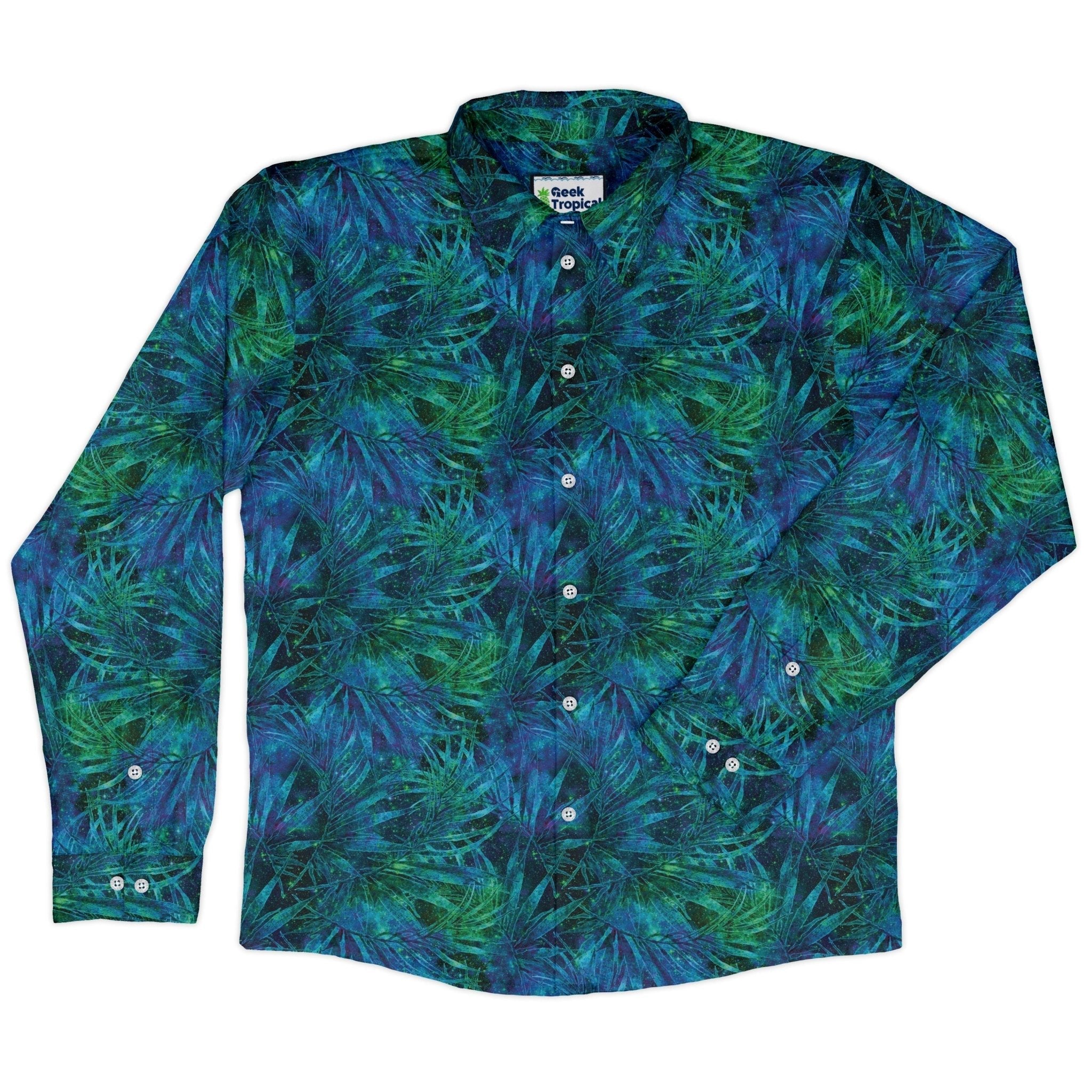 Blue Green Hawaiian Space Long Sleeve Button Up Shirt Geek Nerd adult sizing FLOW DESC WRITING outer space & astronaut print