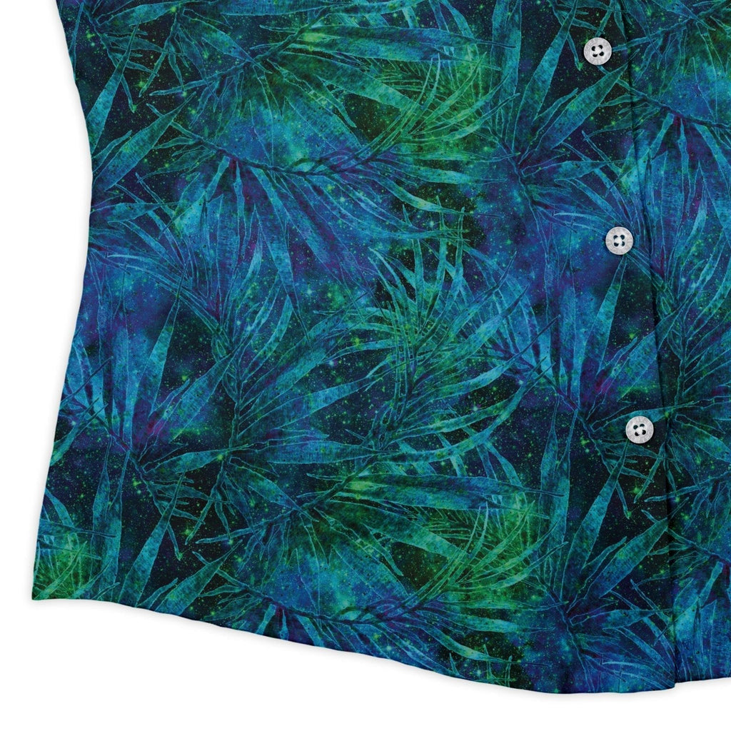 Blue Green Hawaiian Space Curvy Button Up Shirt Geek Nerd outer space & astronaut print Tropical Hawaiian Patterns women