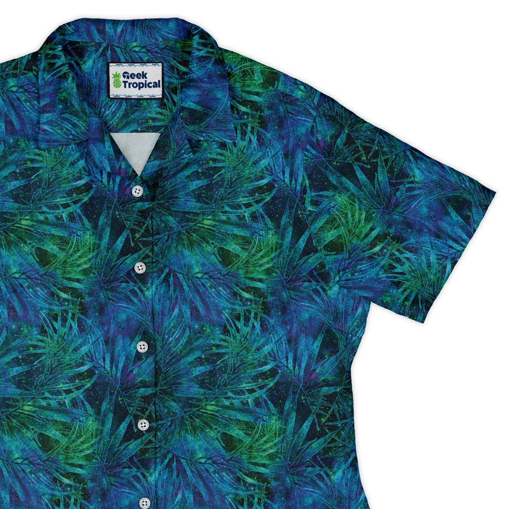 Blue Green Hawaiian Space Curvy Button Up Shirt Geek Nerd outer space & astronaut print Tropical Hawaiian Patterns women