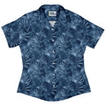Blue Grey Hawaiian Space Curvy Button Up Shirt Geek Nerd outer space & astronaut print Tropical Hawaiian Patterns women