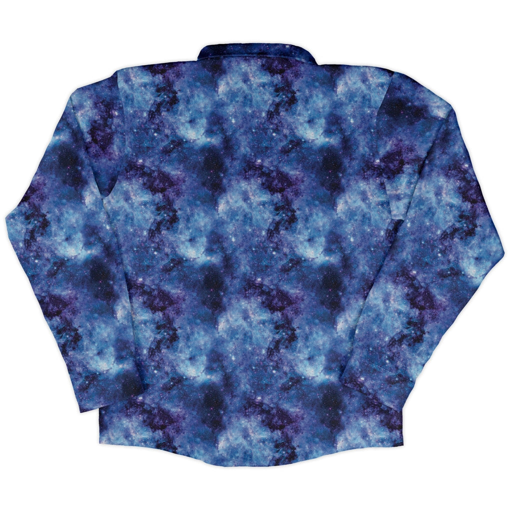 Blue Purple Nebula Space Long Sleeve Button Up Shirt Geek Nerd adult sizing FLOW DESC WRITING outer space & astronaut print
