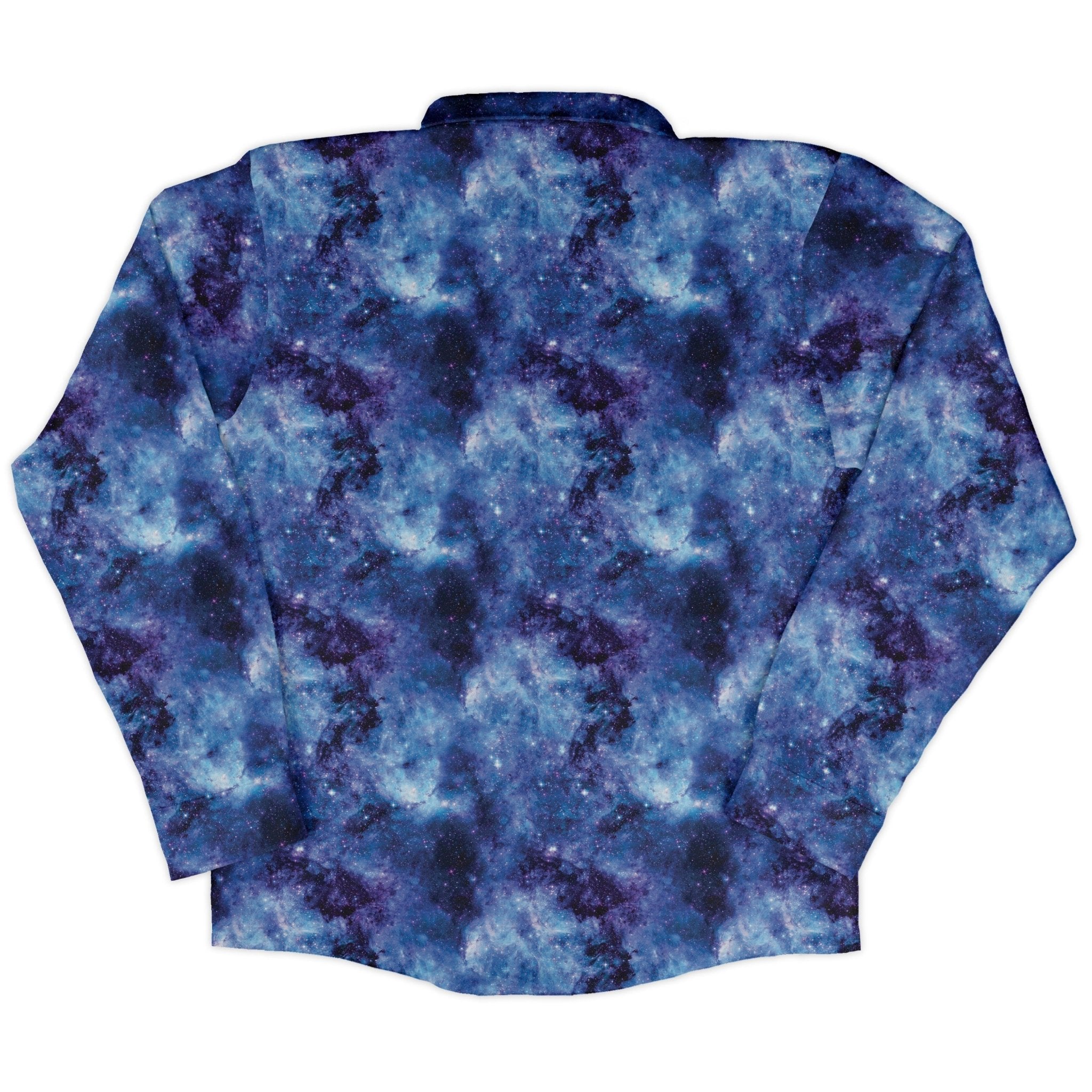 Blue Purple Nebula Space Long Sleeve Button Up Shirt Geek Nerd adult sizing FLOW DESC WRITING outer space & astronaut print