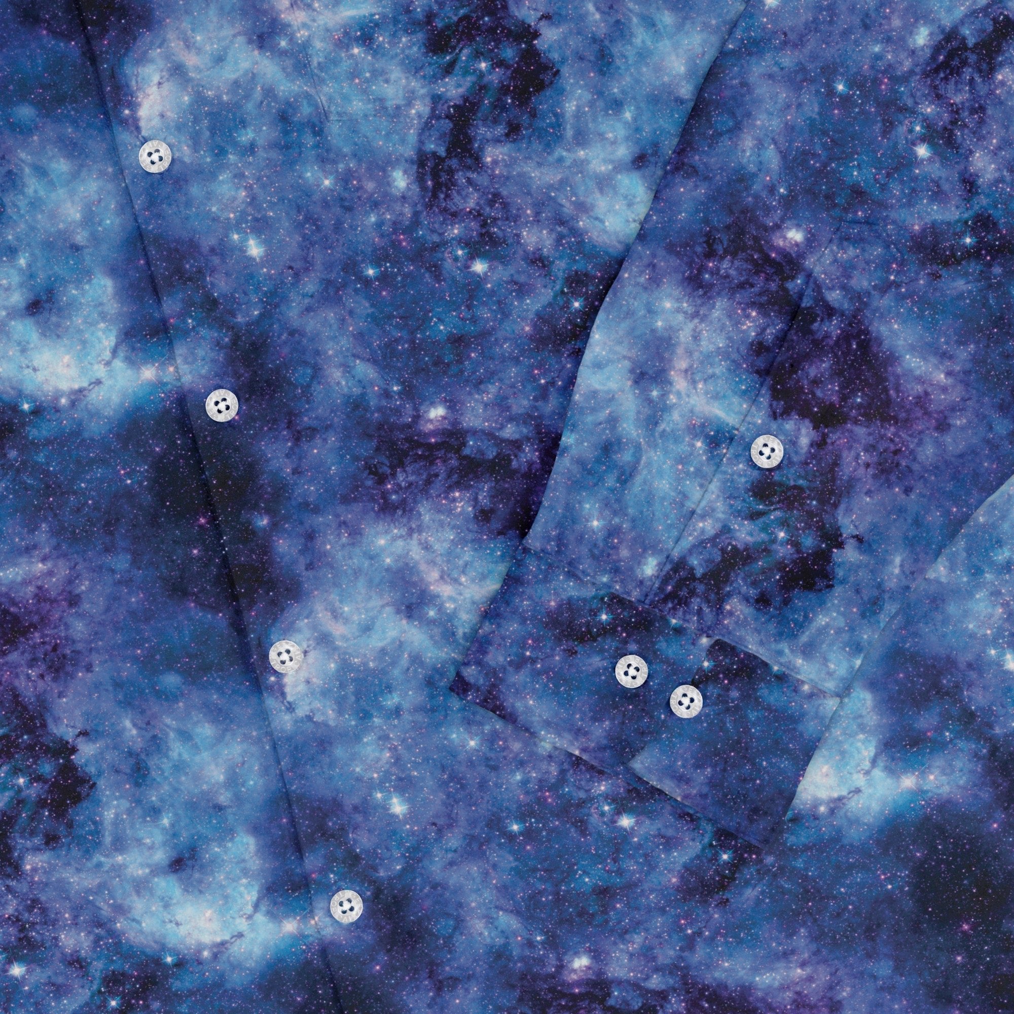 Blue Purple Nebula Space Long Sleeve Button Up Shirt Geek Nerd adult sizing FLOW DESC WRITING outer space & astronaut print