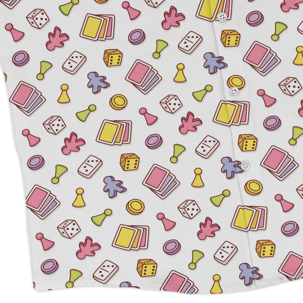 Board Game Objects Meeples White Long Sleeve Button Up Shirt Geek Nerd adult sizing board game print FLOW DESC WRITING