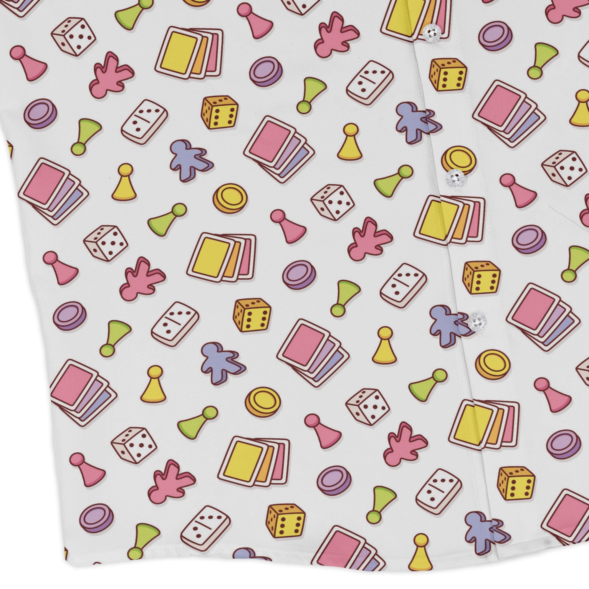 Board Game Objects Meeples White Long Sleeve Button Up Shirt Geek Nerd adult sizing board game print FLOW DESC WRITING