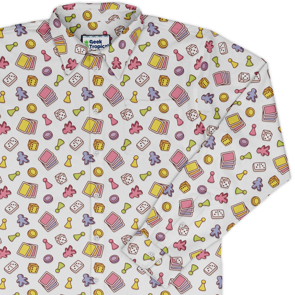Board Game Objects Meeples White Long Sleeve Button Up Shirt Geek Nerd adult sizing board game print FLOW DESC WRITING