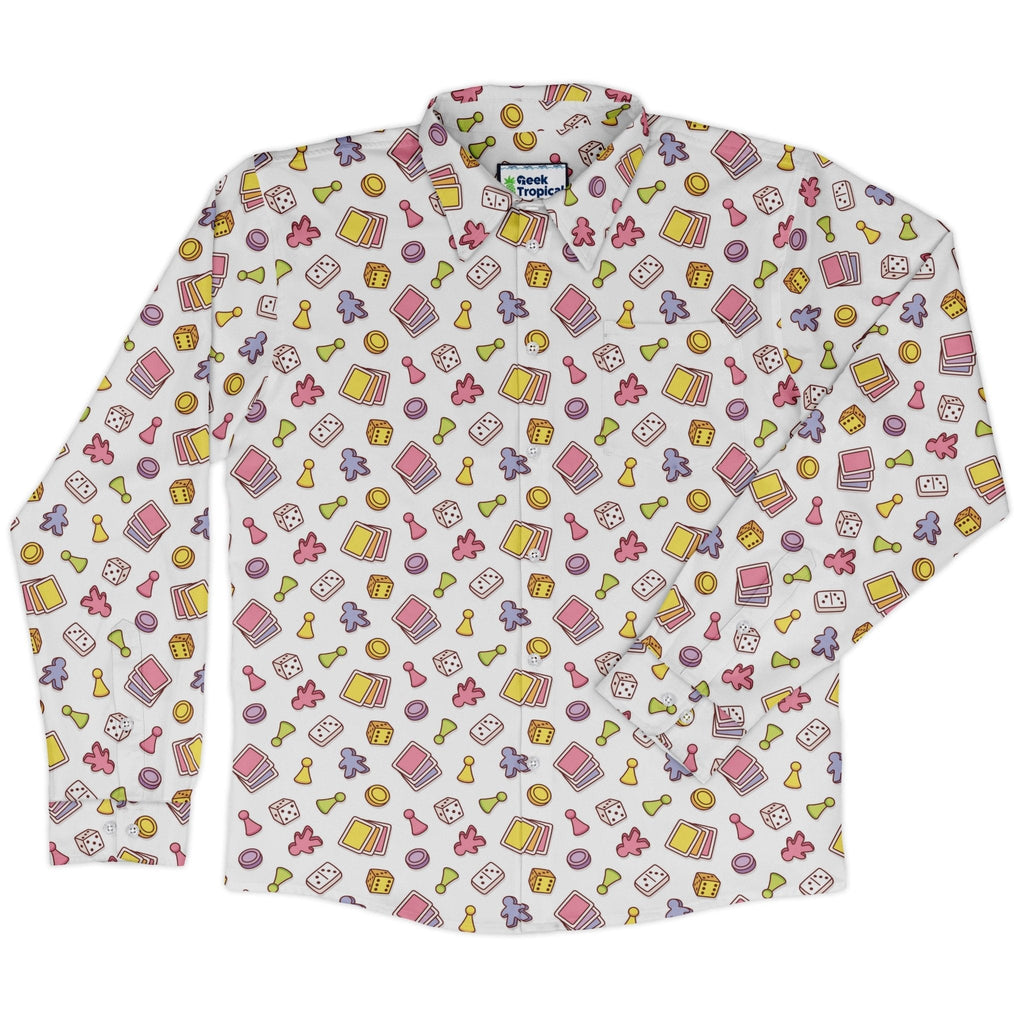 Board Game Objects Meeples White Long Sleeve Button Up Shirt Geek Nerd adult sizing board game print FLOW DESC WRITING