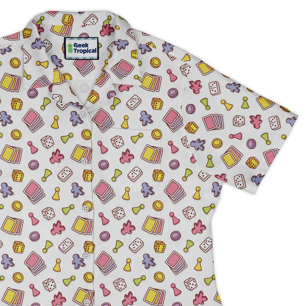 Board Game Objects Meeples White Curvy Button Up Shirt Geek Nerd board game print women