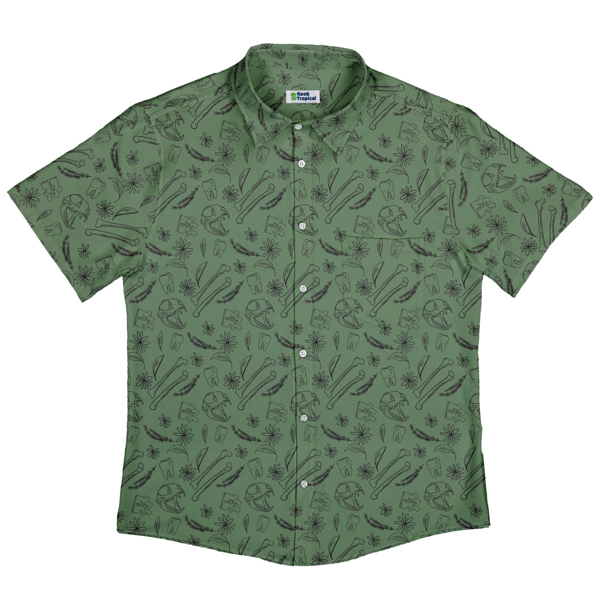 Bones and Flowers Green Button Up Shirt Geek Nerd 0925 adult sizing All Adult Button Up Shirts