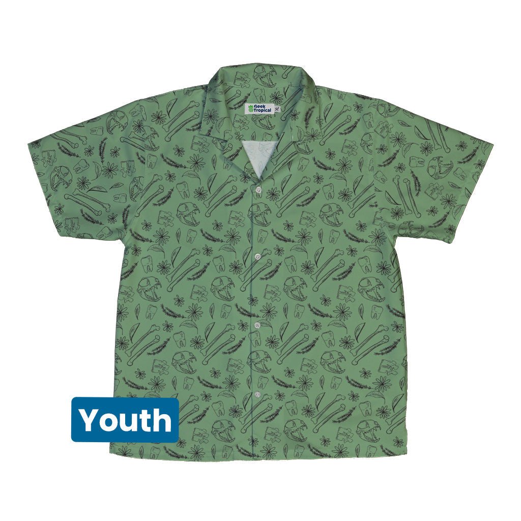Bones and Flowers Green Youth Hawaiian Shirt Geek Nerd 0925 Botany Print Design by Heather Davenport