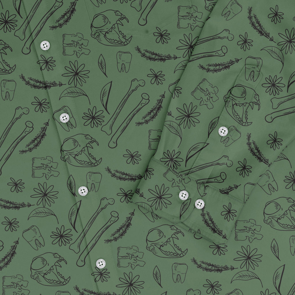 Bones and Flowers Green Long Sleeve Button Up Shirt Geek Nerd 0925 adult sizing All Adult Button Up Shirts