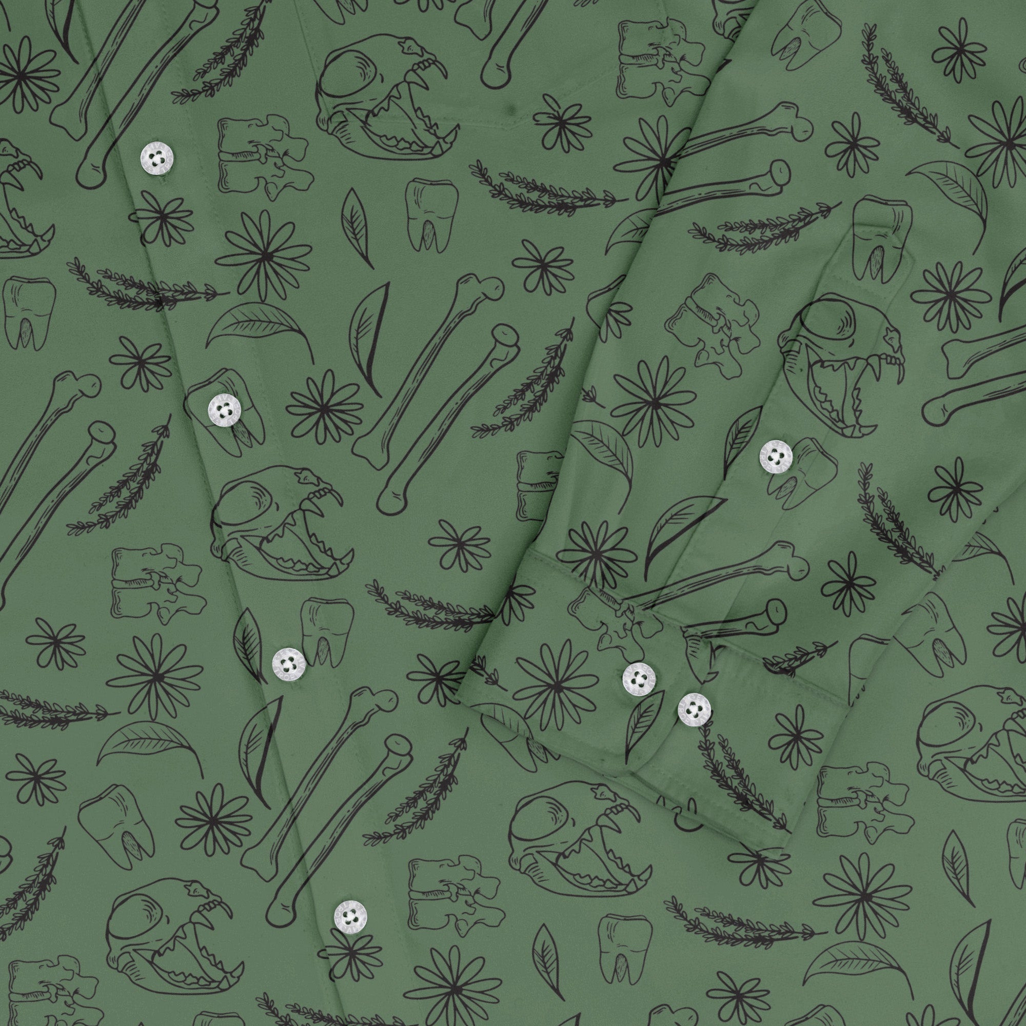Bones and Flowers Green Long Sleeve Button Up Shirt Geek Nerd 0925 adult sizing All Adult Button Up Shirts