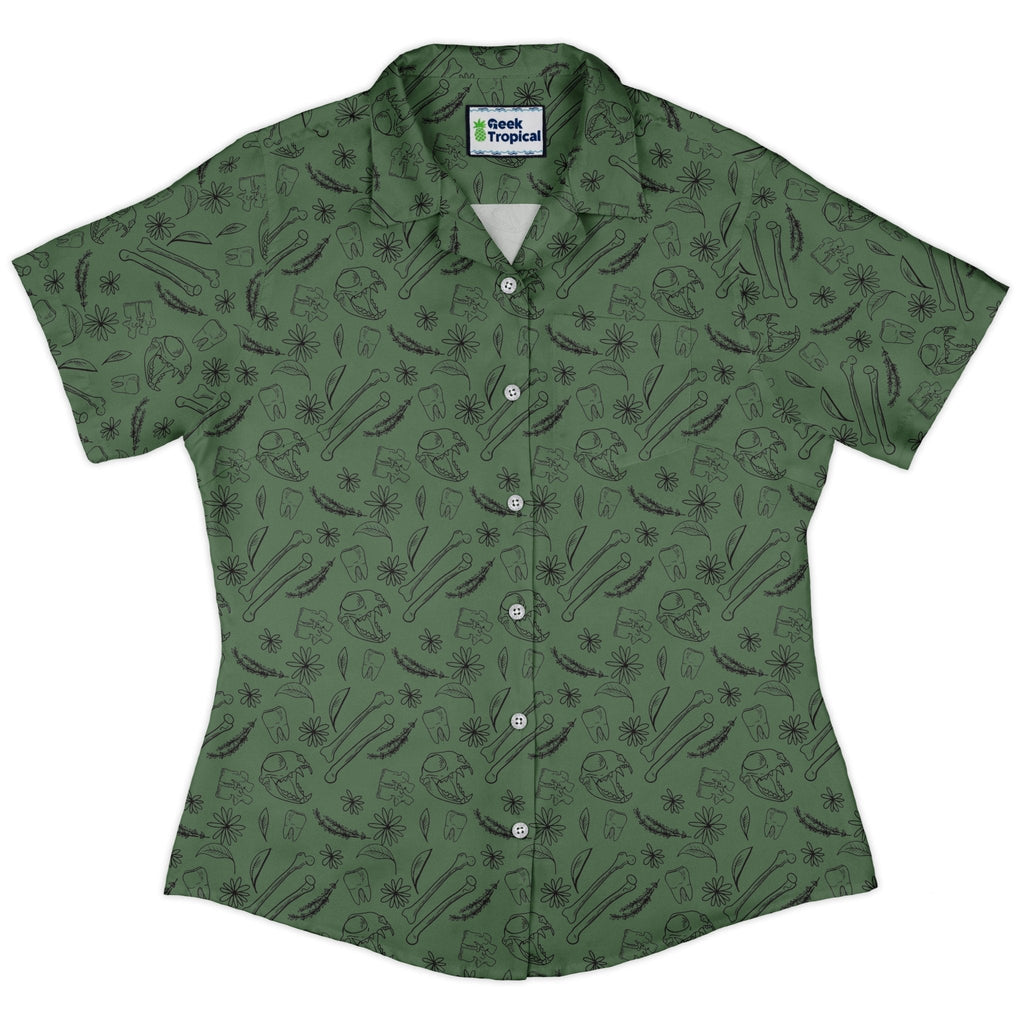 Bones and Flowers Green Curvy Button Up Shirt Geek Nerd 0925 All Adult Button Up Shirts Botany Print