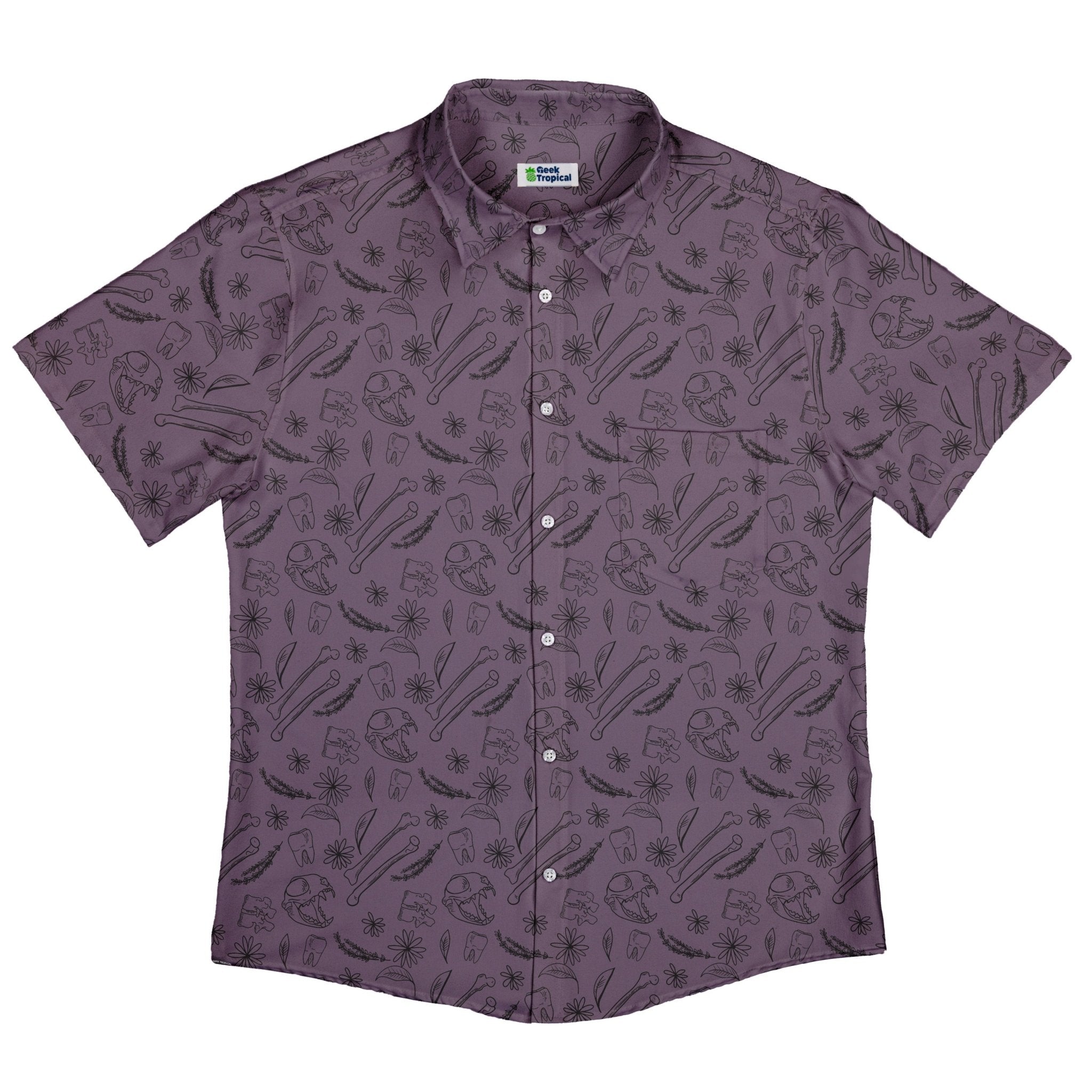 Bones and Flowers Purple Button Up Shirt Geek Nerd 0925 adult sizing All Adult Button Up Shirts