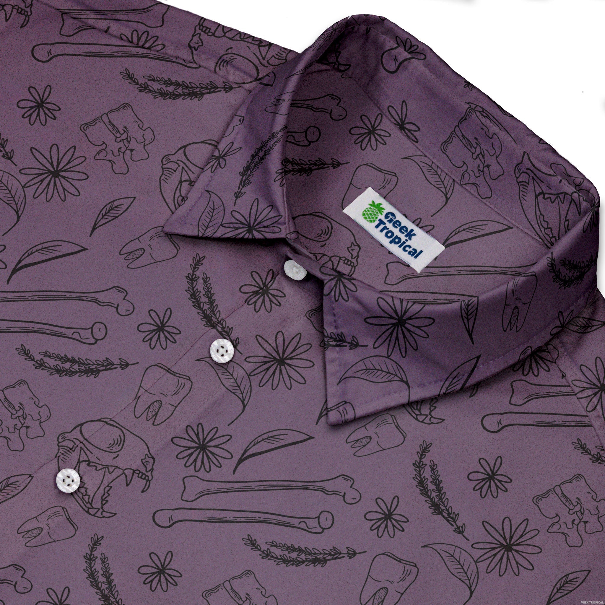 Bones and Flowers Purple Button Up Shirt Geek Nerd 0925 adult sizing All Adult Button Up Shirts