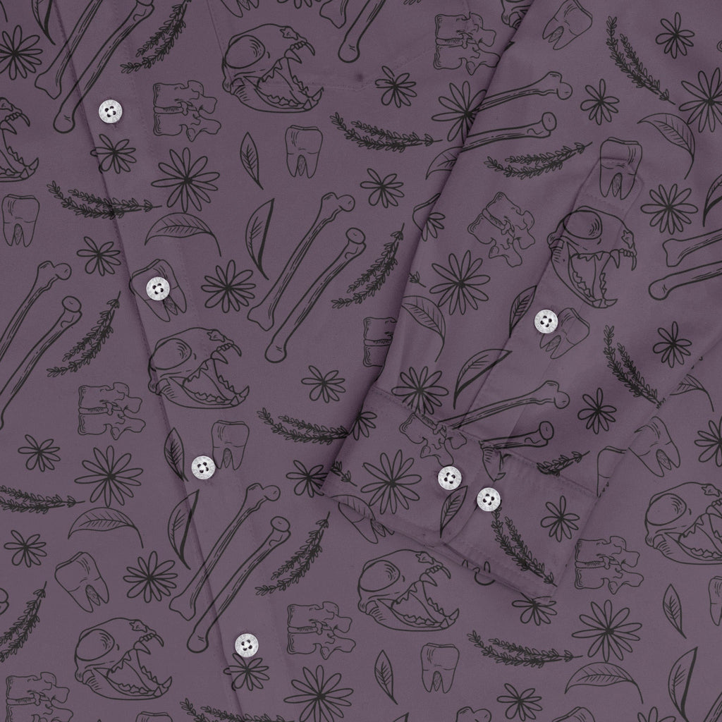 Bones and Flowers Purple Long Sleeve Button Up Shirt Geek Nerd 0925 adult sizing All Adult Button Up Shirts