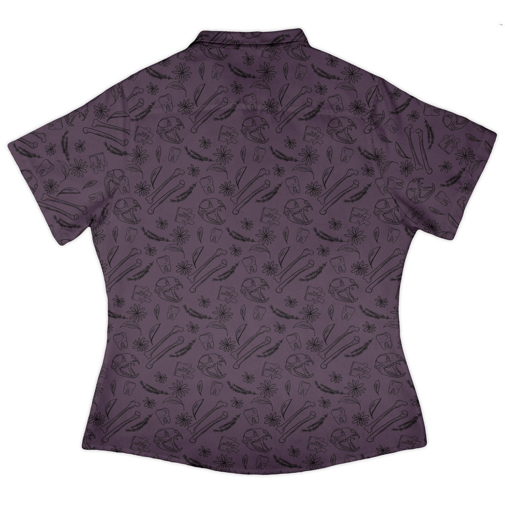 Bones and Flowers Purple Curvy Button Up Shirt Geek Nerd 0925 All Adult Button Up Shirts Botany Print