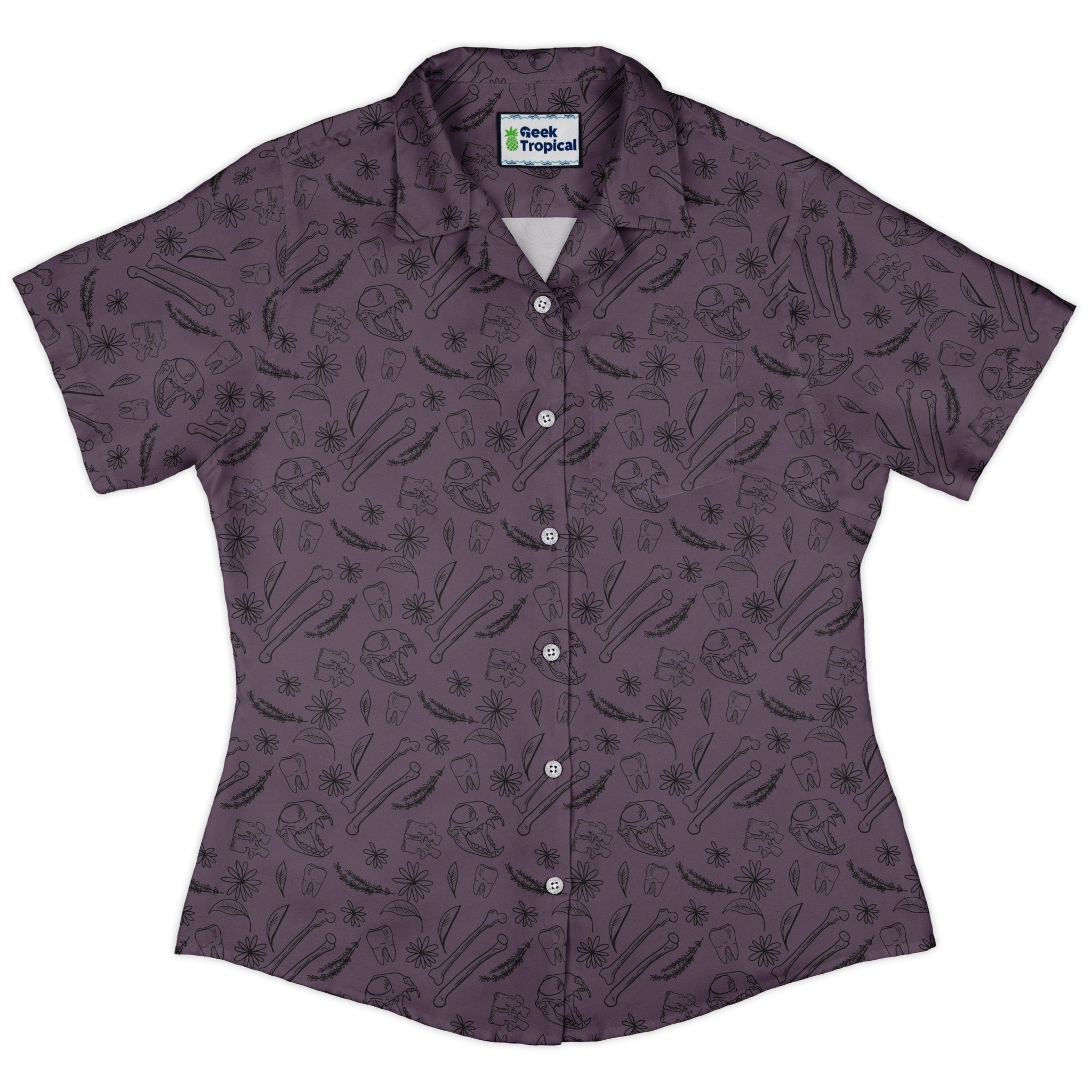 Bones and Flowers Purple Curvy Button Up Shirt Geek Nerd 0925 All Adult Button Up Shirts Botany Print