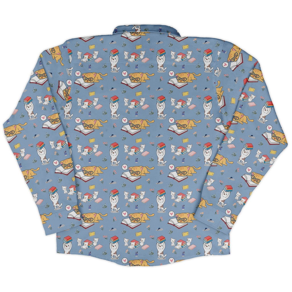 Book Nerd Cats Long Sleeve Button Up Shirt Geek Nerd adult sizing Animal Patterns Book Prints