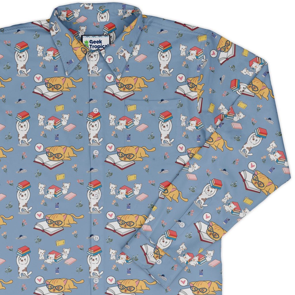 Book Nerd Cats Long Sleeve Button Up Shirt Geek Nerd adult sizing Animal Patterns Book Prints