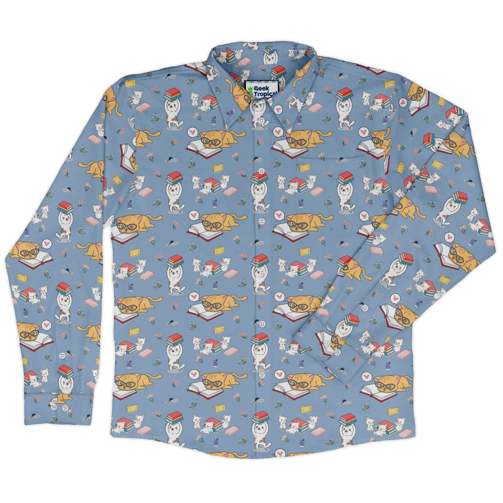 Book Nerd Cats Long Sleeve Button Up Shirt Geek Nerd adult sizing Animal Patterns Book Prints