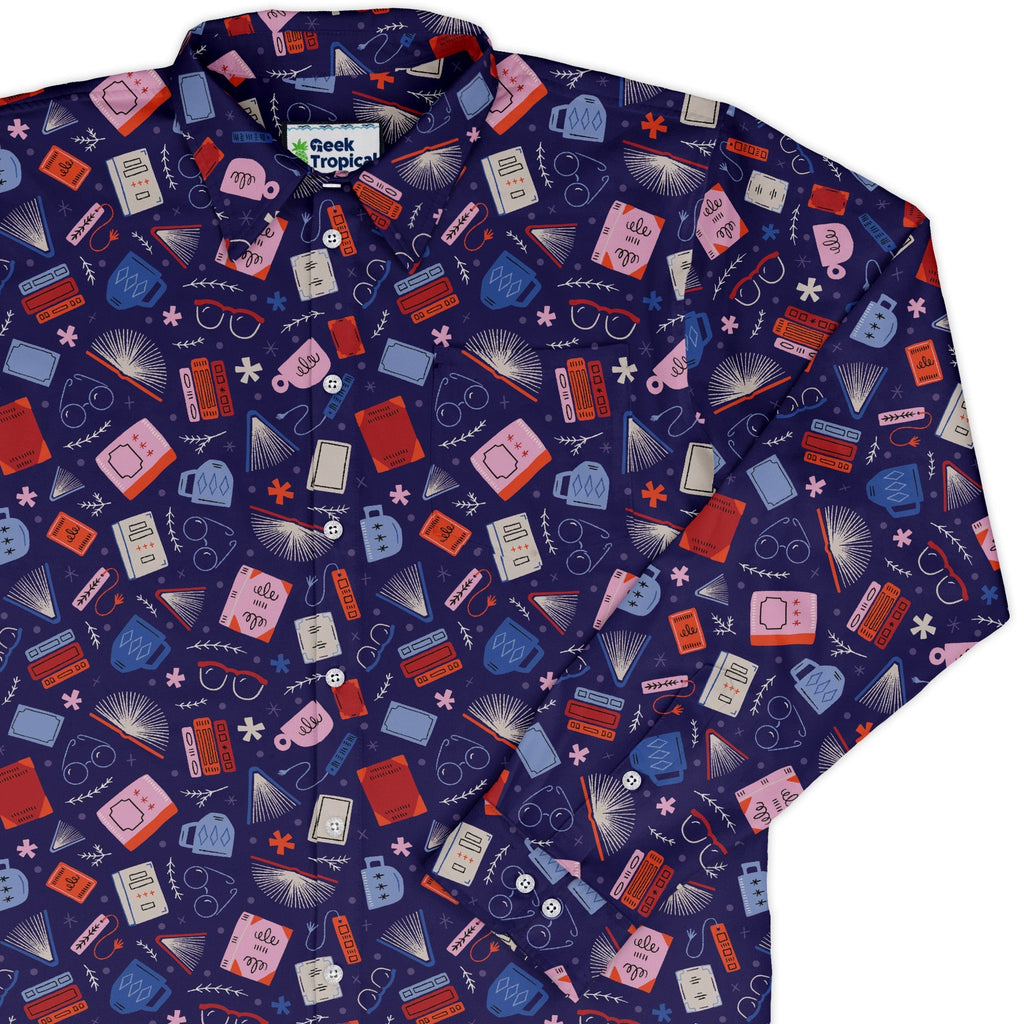 Book Nerd Long Sleeve Button Up Shirt Geek Nerd adult sizing book prints Design by Zirkus Design