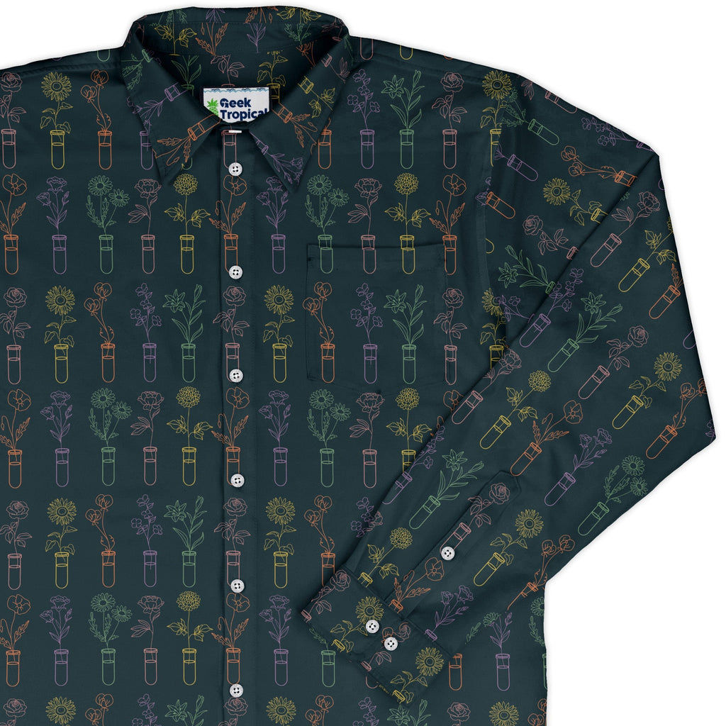 Botany Lovers Long Sleeve Button Up Shirt Geek Nerd adult sizing Botany Print FLOW DESC WRITING