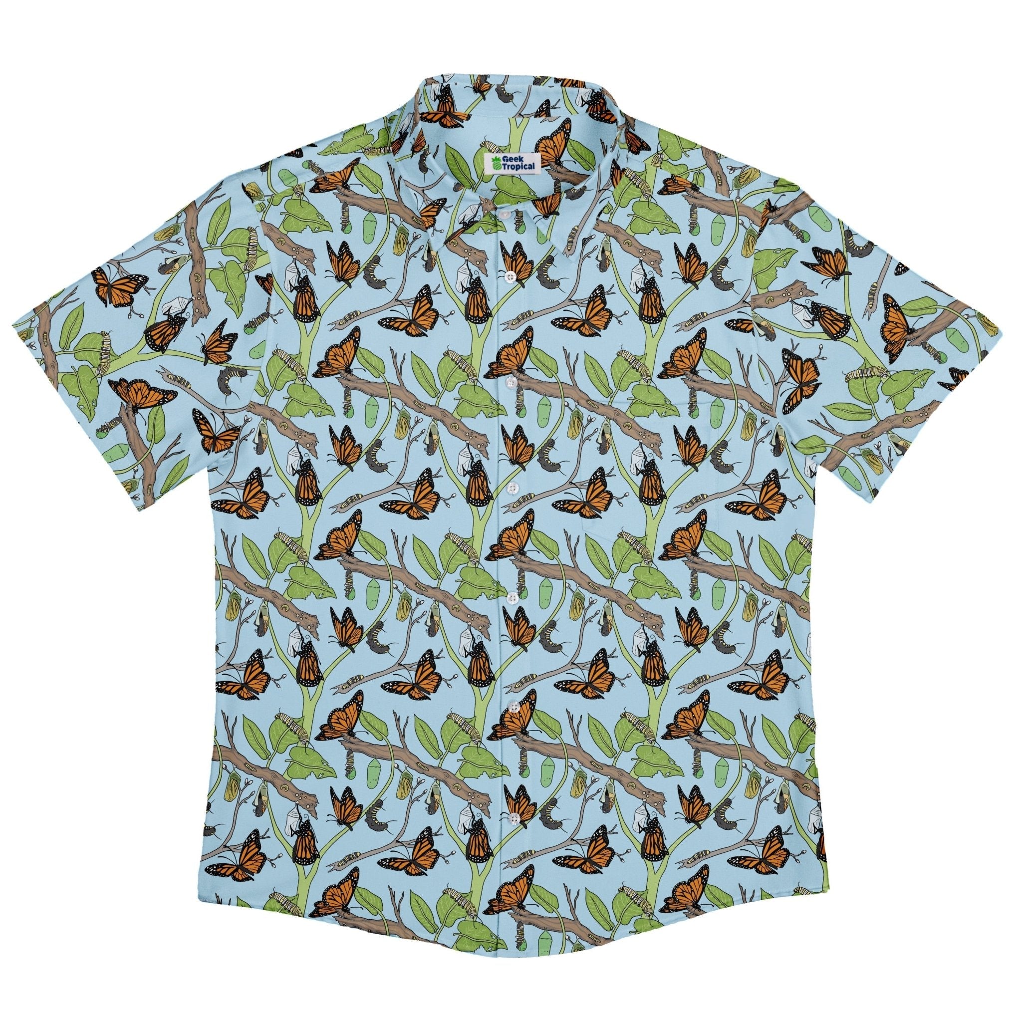 Butterfly Cycle Button Up Shirt Geek Nerd adult sizing botany print Design by Julie Kitzes