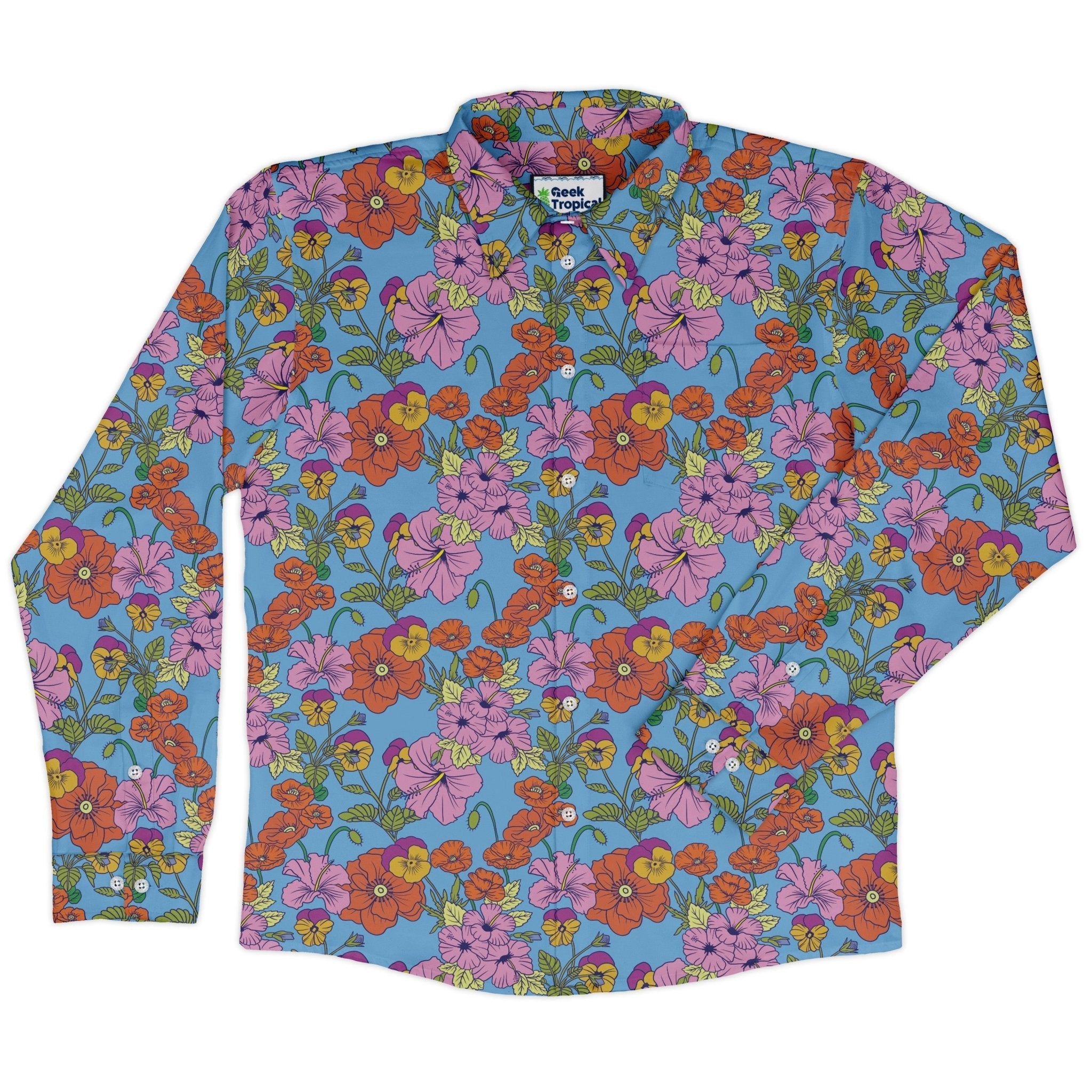 California Flowers Long Sleeve Button Up Shirt Geek Nerd adult sizing botany print Design by Julie Kitzes
