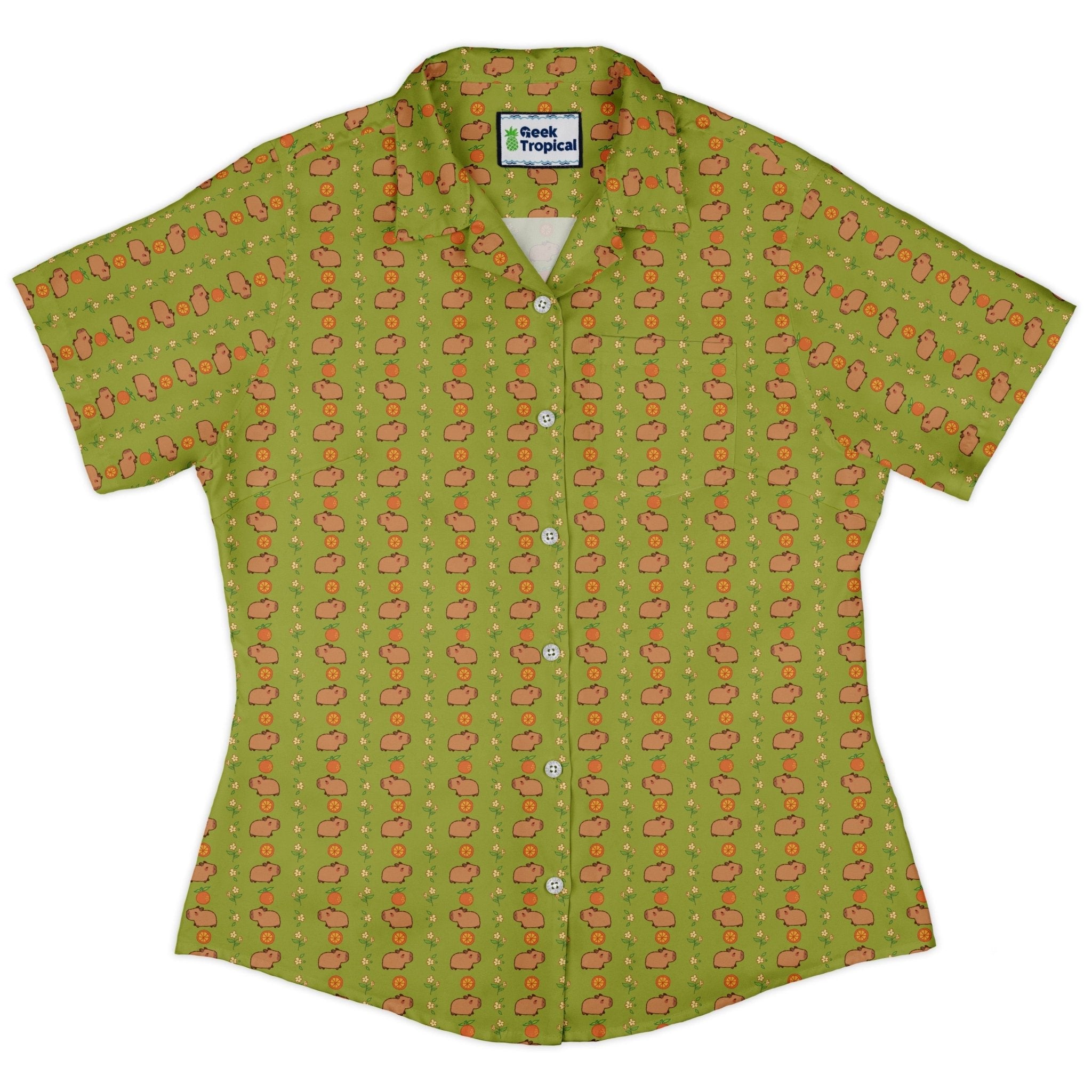 Capybaras Curvy Button Up Shirt Geek Nerd animal patterns Design by Ardi Tong q225