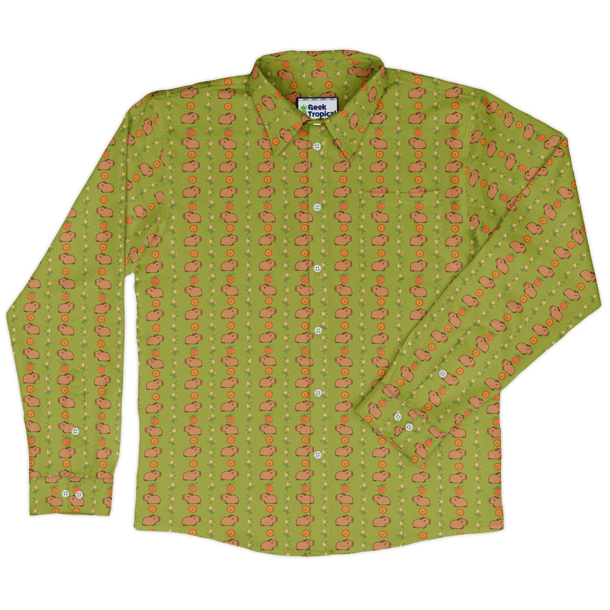 Capybaras Long Sleeve Button Up Shirt Geek Nerd adult sizing animal patterns Design by Ardi Tong