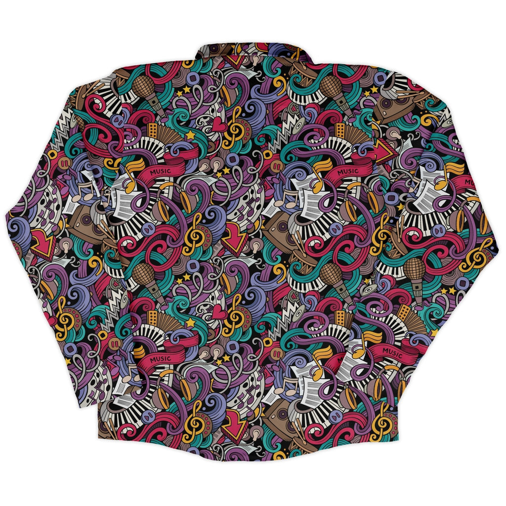 Cartoon Music Doodles Long Sleeve Button Up Shirt Geek Nerd adult sizing FLOW DESC WRITING Maximalist Patterns