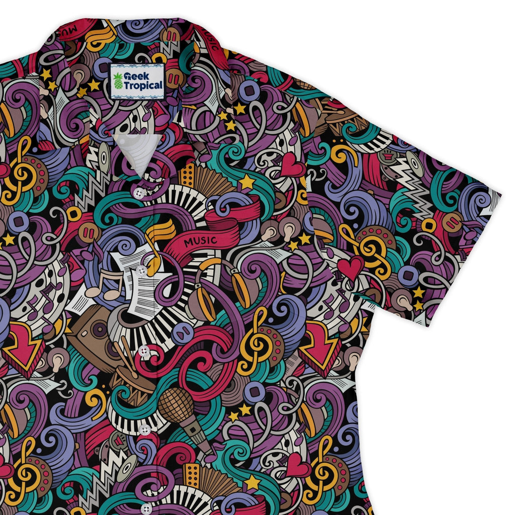 Cartoon Music Doodles Curvy Button Up Shirt Geek Nerd Maximalist Patterns music print women