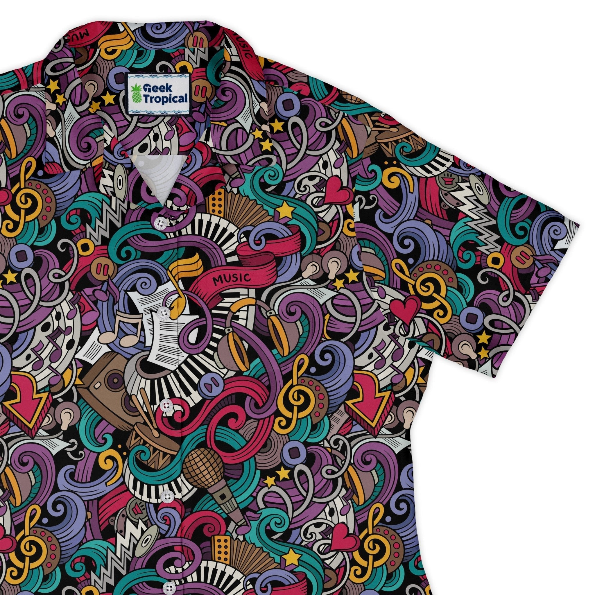 Cartoon Music Doodles Curvy Button Up Shirt Geek Nerd Maximalist Patterns music print women