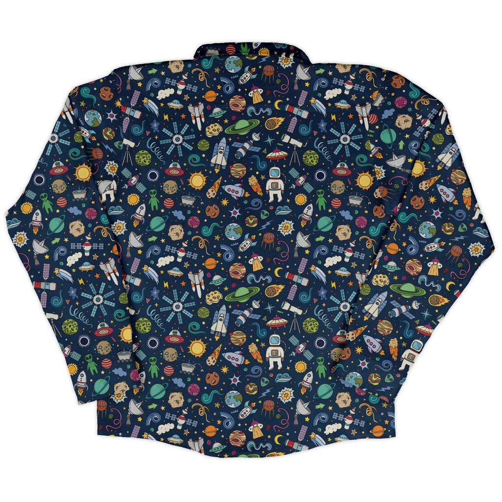 Cartoon Space Objects Outer Space Navy Long Sleeve Button Up Shirt Geek Nerd adult sizing FLOW DESC WRITING Maximalist Patterns