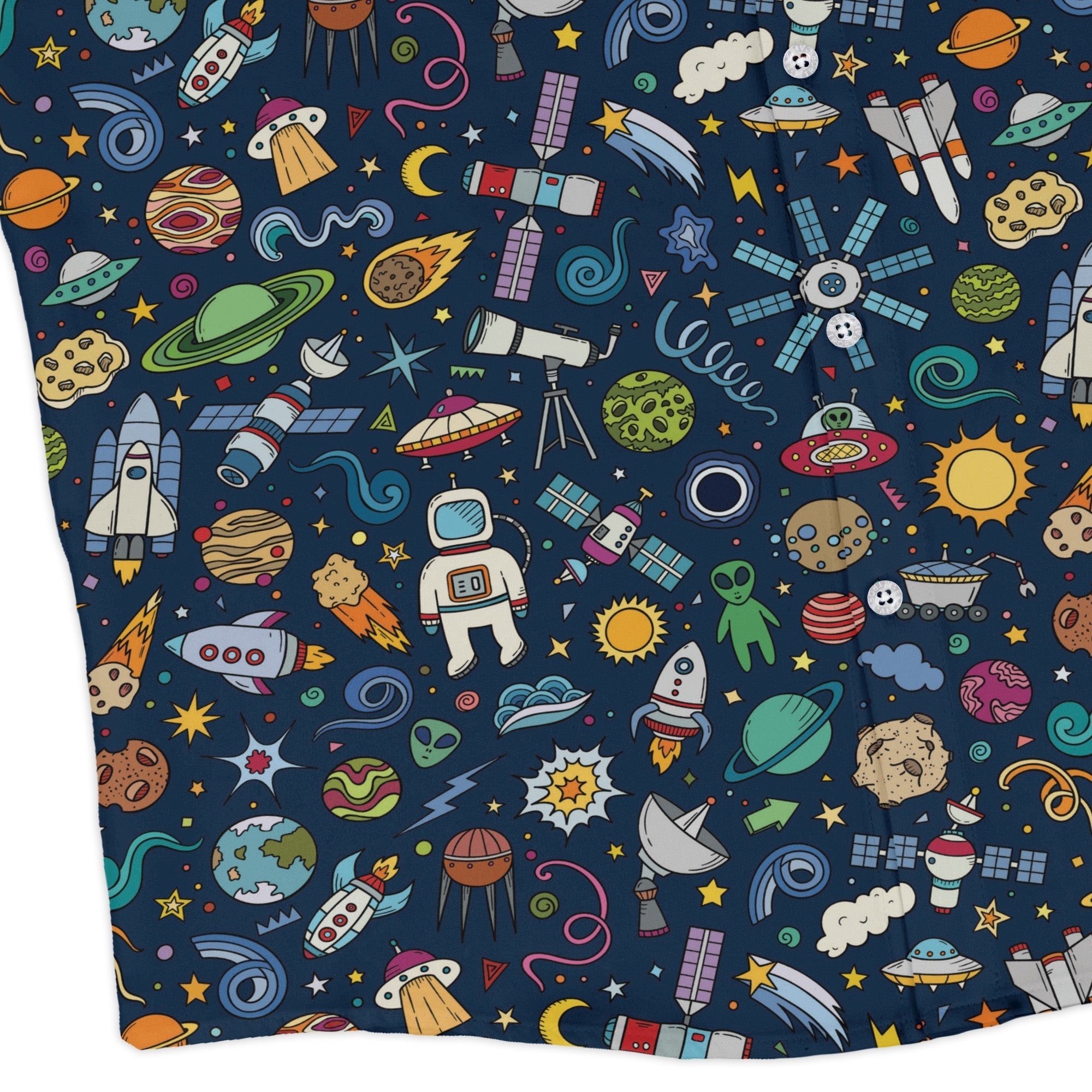 Cartoon Space Objects Outer Space Navy Long Sleeve Button Up Shirt Geek Nerd adult sizing FLOW DESC WRITING Maximalist Patterns
