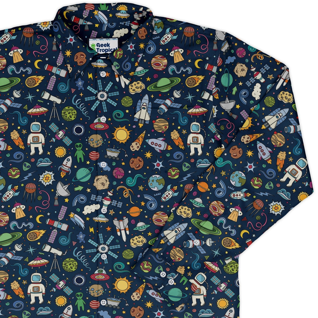 Cartoon Space Objects Outer Space Navy Long Sleeve Button Up Shirt Geek Nerd adult sizing FLOW DESC WRITING Maximalist Patterns