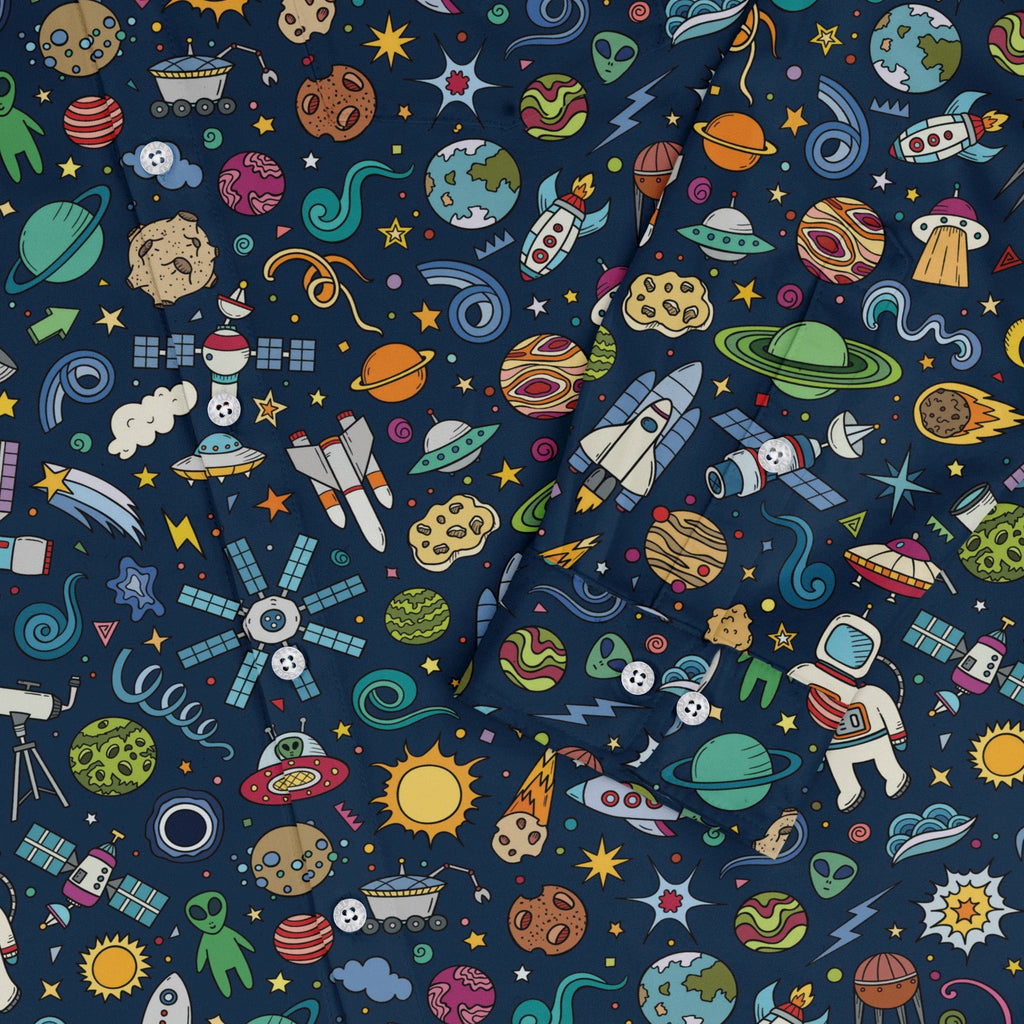 Cartoon Space Objects Outer Space Navy Long Sleeve Button Up Shirt Geek Nerd adult sizing FLOW DESC WRITING Maximalist Patterns
