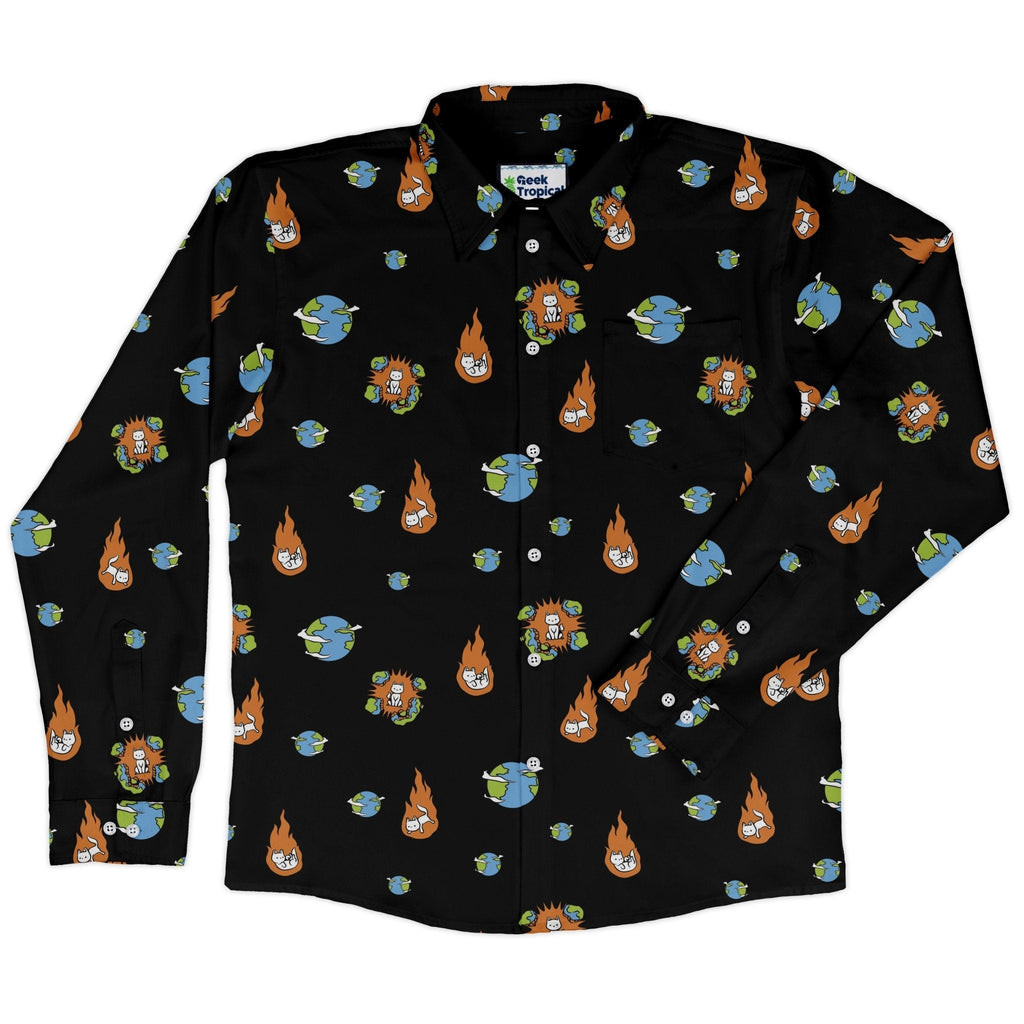 Cat Meteor Shower Space Long Sleeve Button Up Shirt Geek Nerd adult sizing Animal Patterns Design by Tobe Fonseca