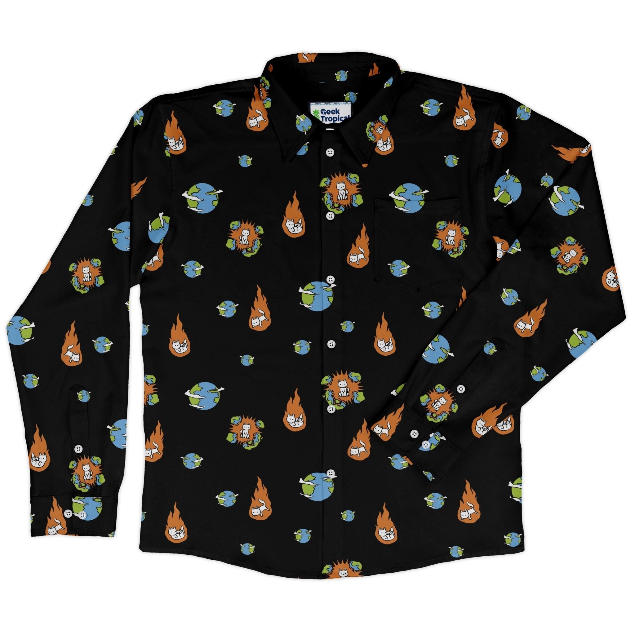 Cat Meteor Shower Space Long Sleeve Button Up Shirt Geek Nerd adult sizing Animal Patterns Design by Tobe Fonseca