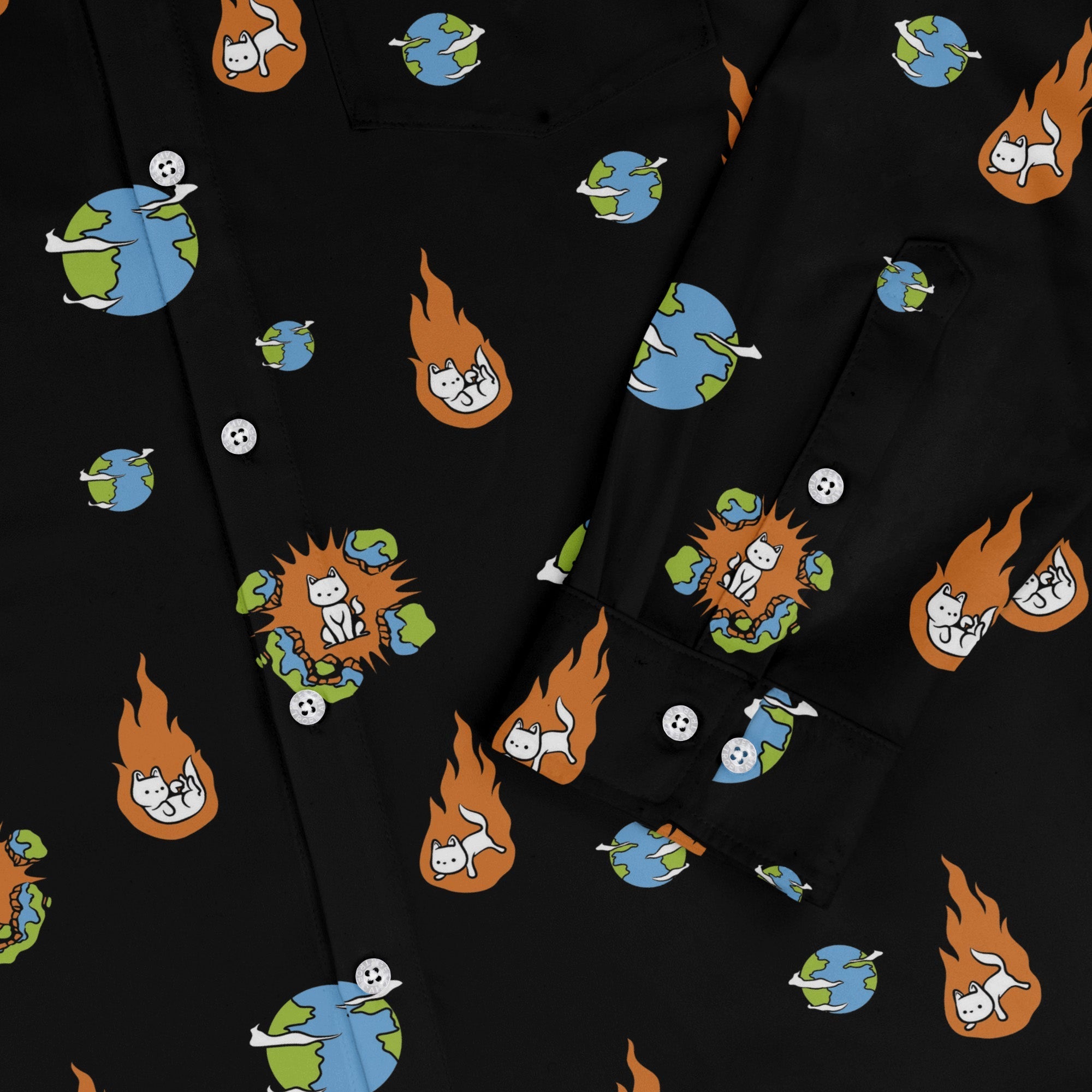 Cat Meteor Shower Space Long Sleeve Button Up Shirt Geek Nerd adult sizing Animal Patterns Design by Tobe Fonseca
