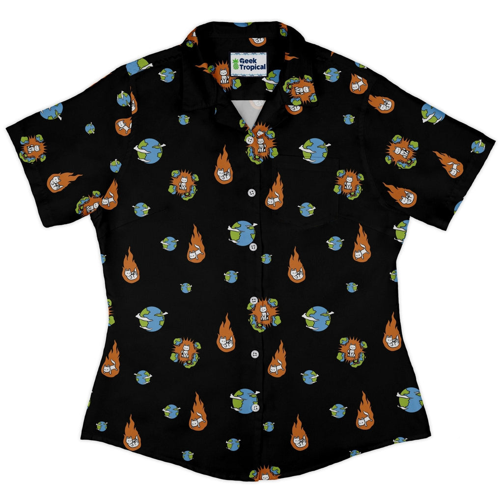 Cat Meteor Shower Space Curvy Button Up Shirt Geek Nerd Animal Patterns Design by Tobe Fonseca Funny Prints