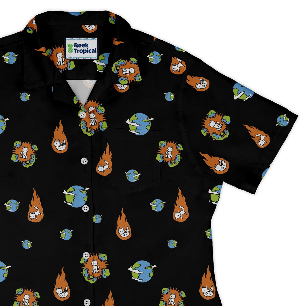Cat Meteor Shower Space Curvy Button Up Shirt Geek Nerd Animal Patterns Design by Tobe Fonseca Funny Prints