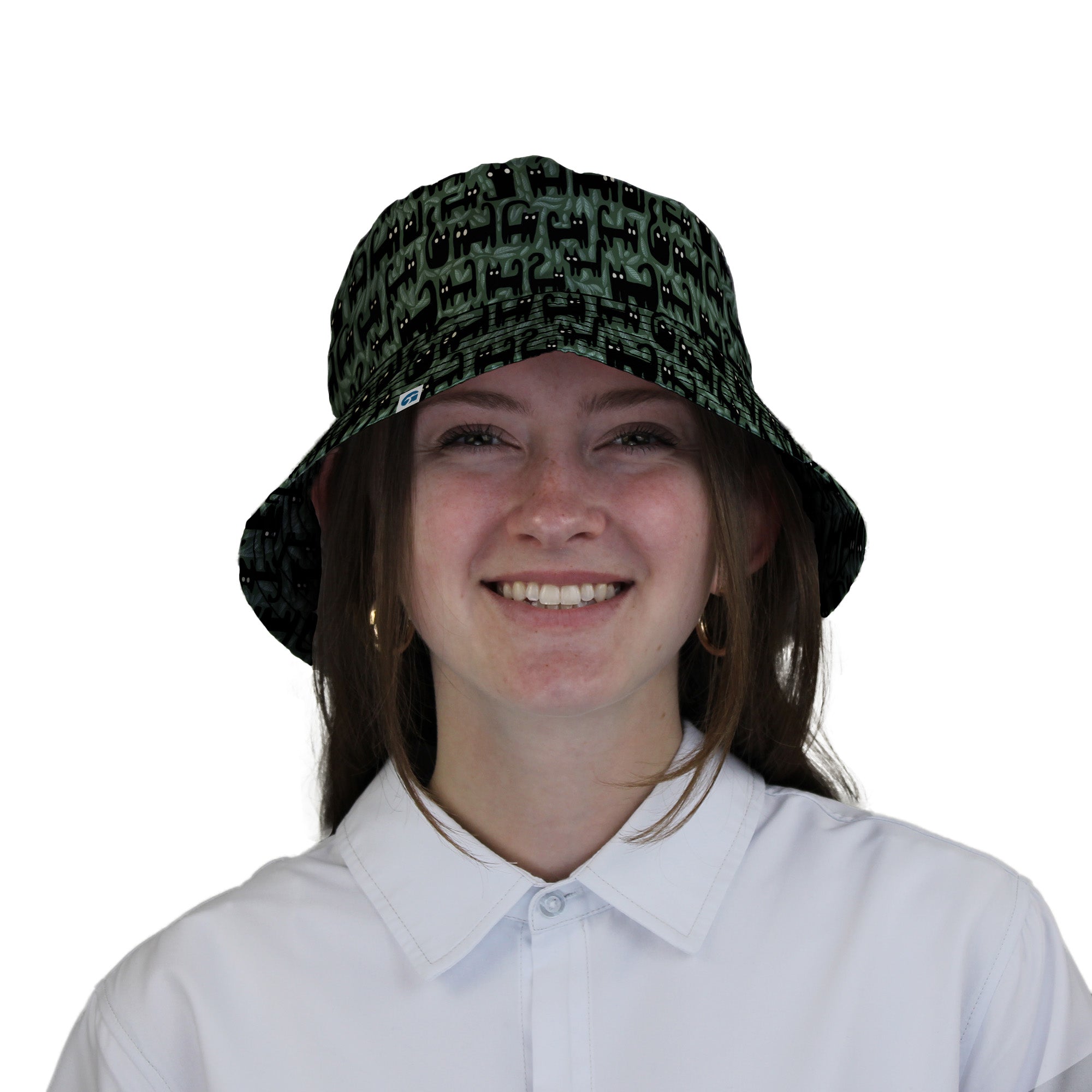 Cats in the Leaves Bucket Hat Geek Nerd Animal Patterns Botany Print Design by Heather Davenport