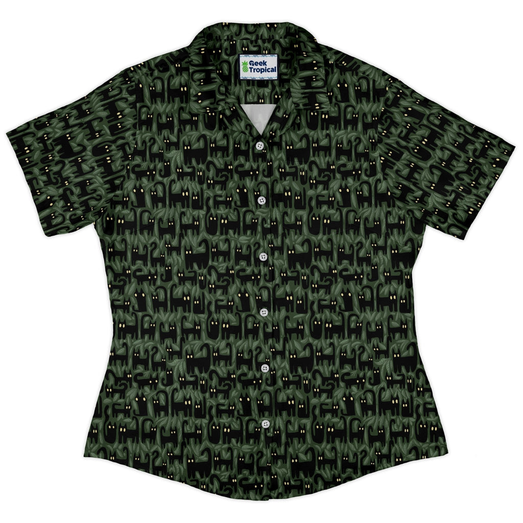 Cats in the Leaves Curvy Button Up Shirt Geek Nerd All Adult Button Up Shirts Animal Patterns Botany Print