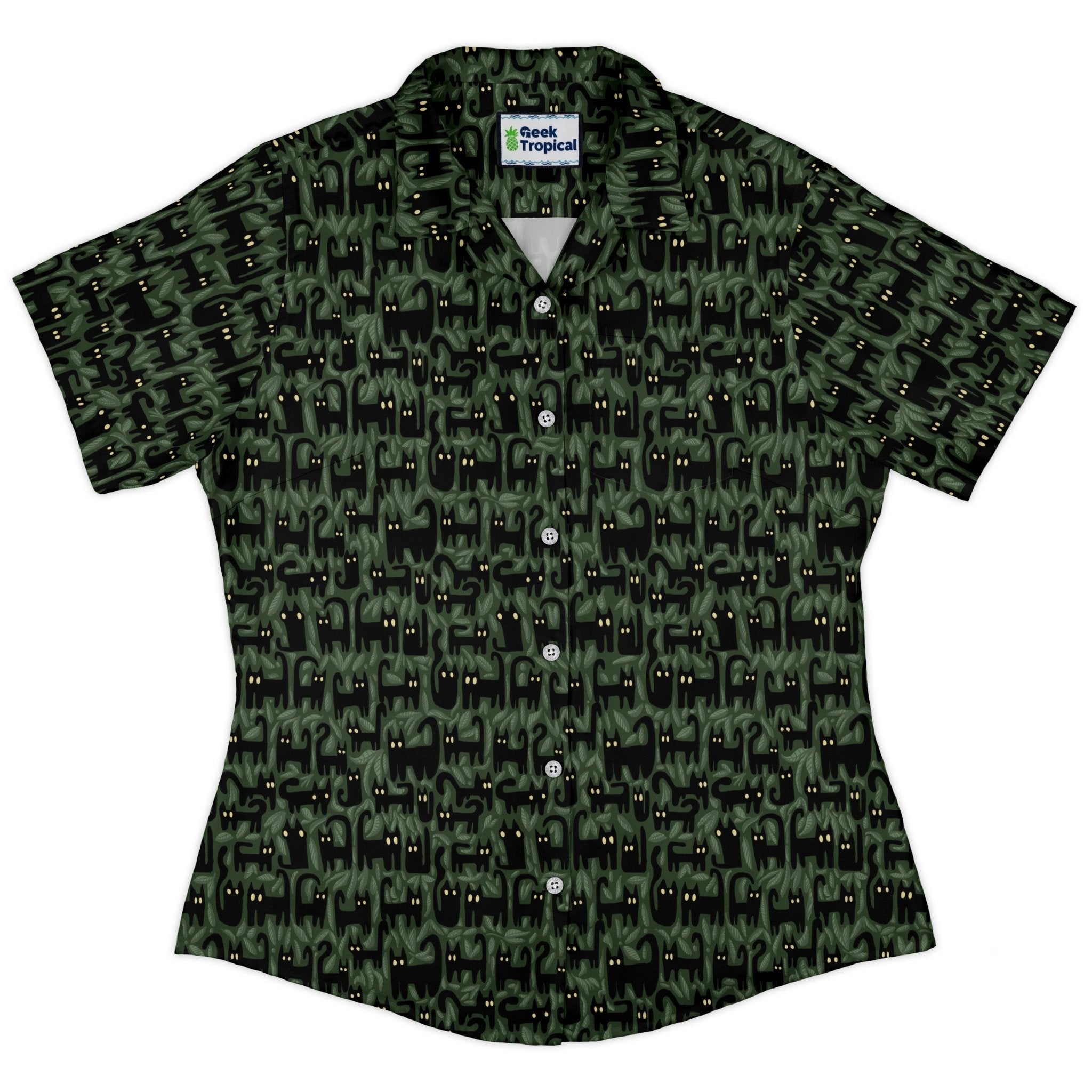 Cats in the Leaves Curvy Button Up Shirt Geek Nerd All Adult Button Up Shirts Animal Patterns Botany Print