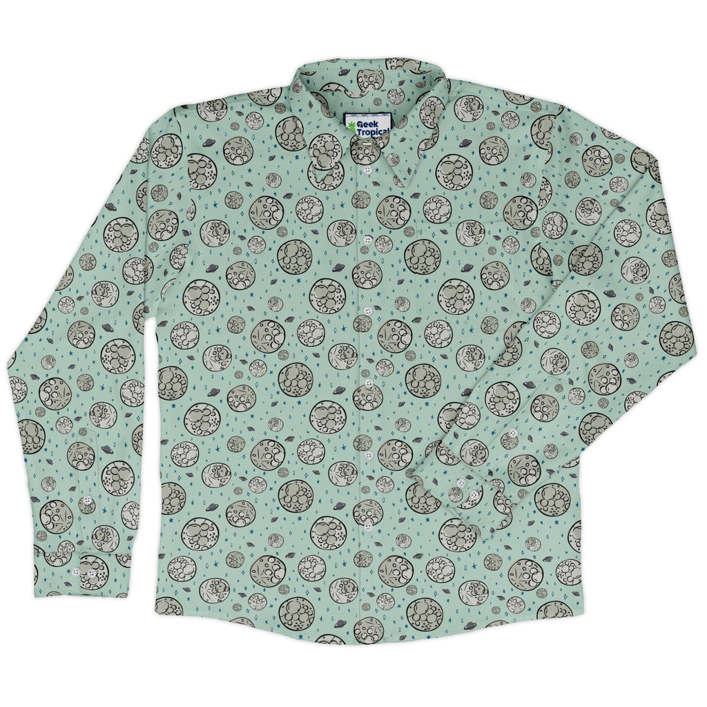 Cheesy Moon Long Sleeve Button Up Shirt Geek Nerd adult sizing Design by Zirkus Design FLOW DESC WRITING